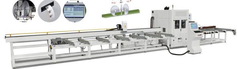 CNC saw cutting center for aluminium profiles - front view, Automatic loading workbench for aluminium profile cutting, CNC aluminium saw cutting machine - control panel